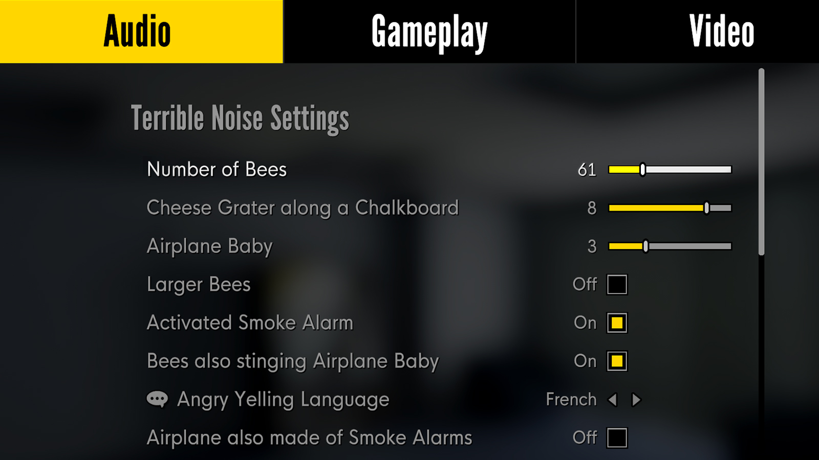Screenshot of a menu of sliders allowing players to adjust settings like 'dragging cheese grater along a chalkboard', 'larger bees', 'activated smoke alarm', 'baby crying in airplane made of cheese graters and chalkboards', 'bees also stinging airplane baby', 'airplane also made of smoke alarms'