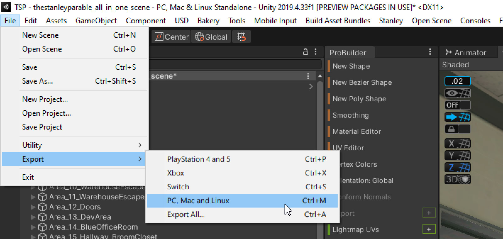 Screenshot of Unity Editor, menuing to File > Export > PS4, PS5, Xbox, Switch, PC, Mac, and Linux